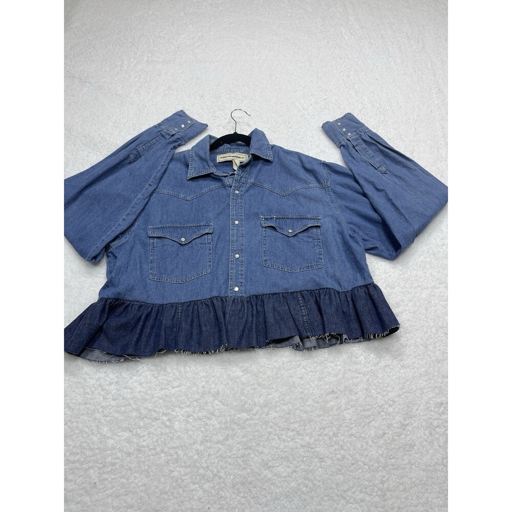 Urban Renewal Button Down Top Women Blue Denim Casual Retro Boho Large
